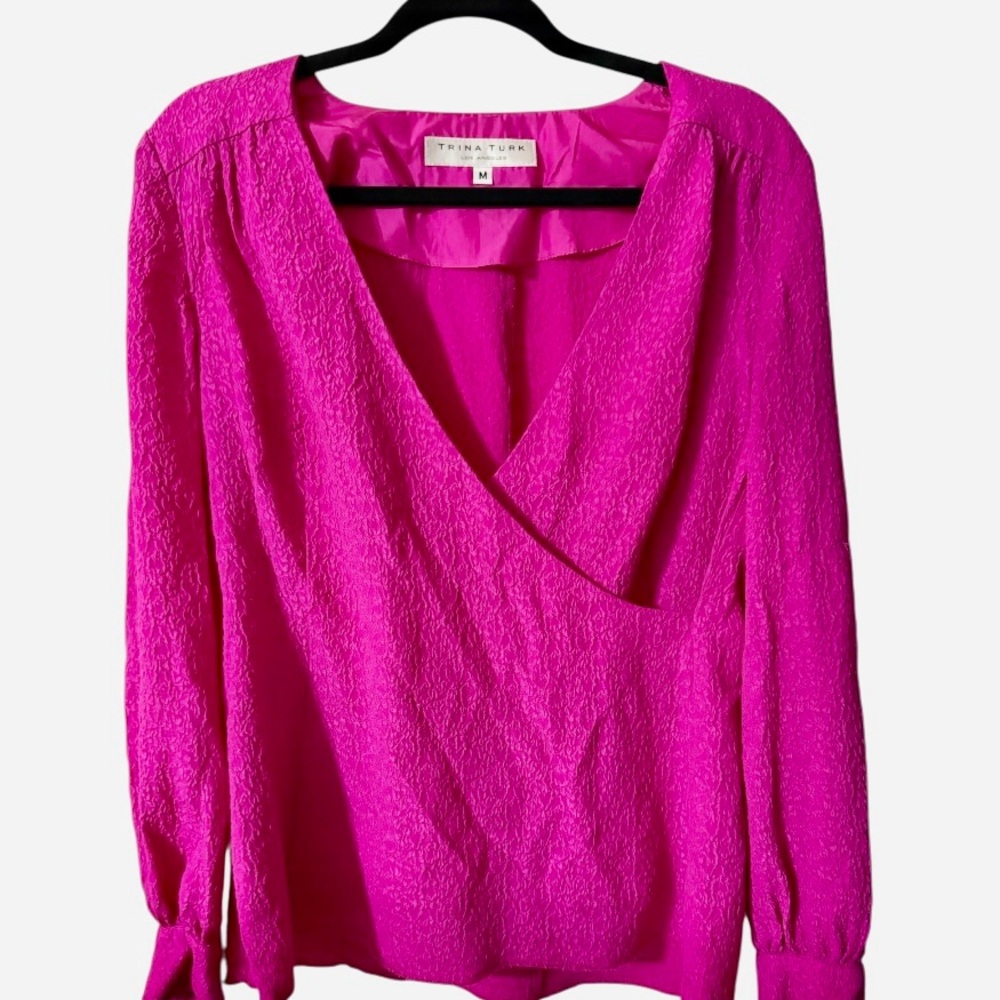 Trina Turk Pink 100% Silk Long Sleeve Wrap Look Womens Medium Top